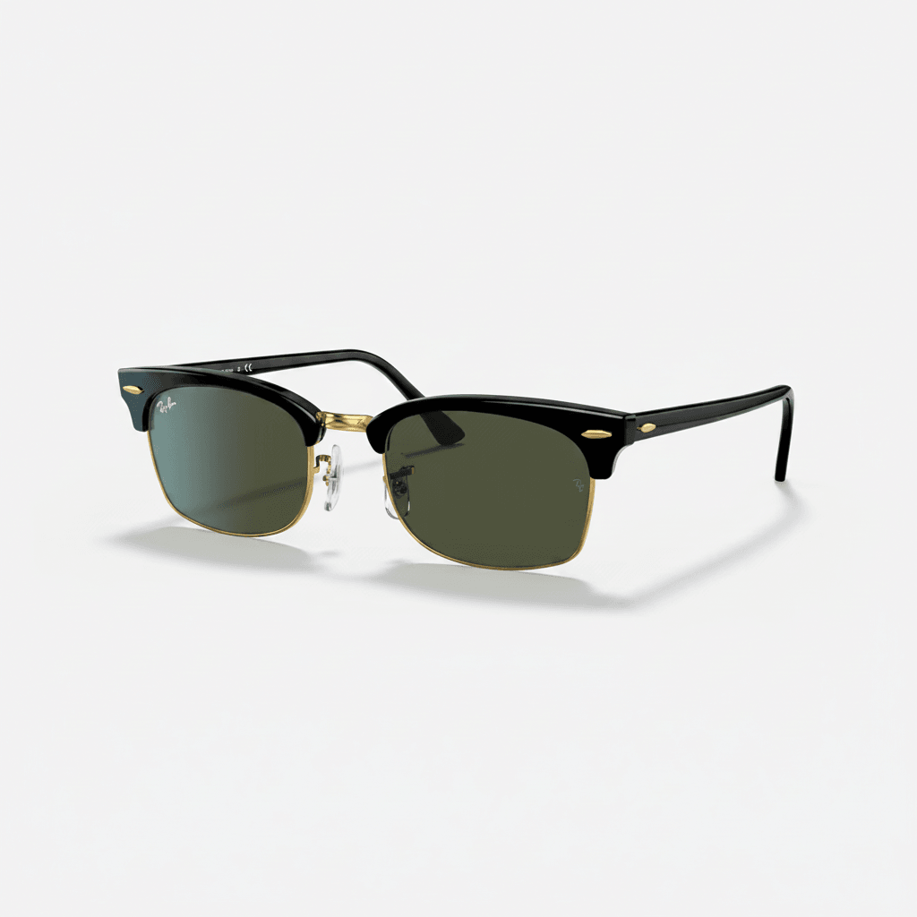 Ray-Ban Clubmaster sunglasses with a black acetate front, gold metal bridge and temple accents, and green-tinted lenses, shown on a light gray background.