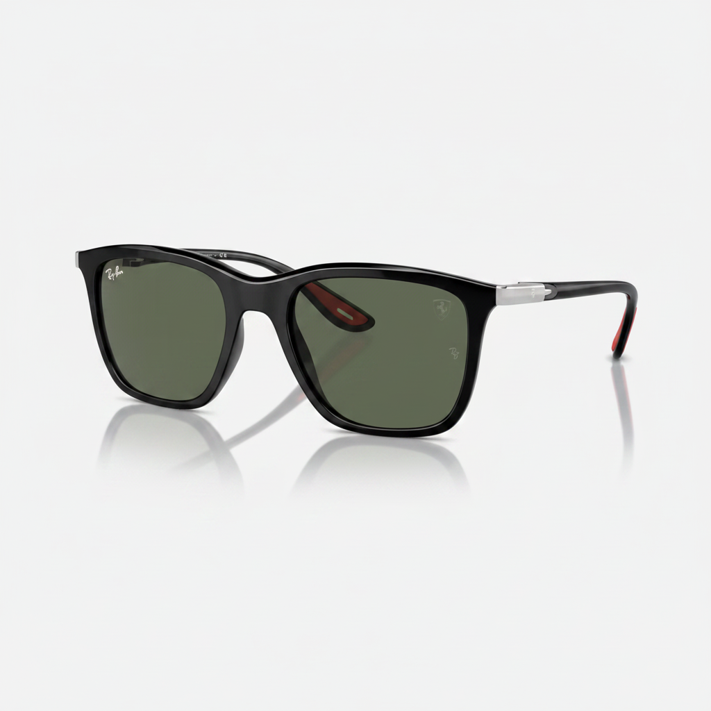 Ray-Ban Wayfarer-style sunglasses with a black acetate frame, green-tinted lenses, and silver metal temples with red accents, shown on a light gray background with a soft reflection.