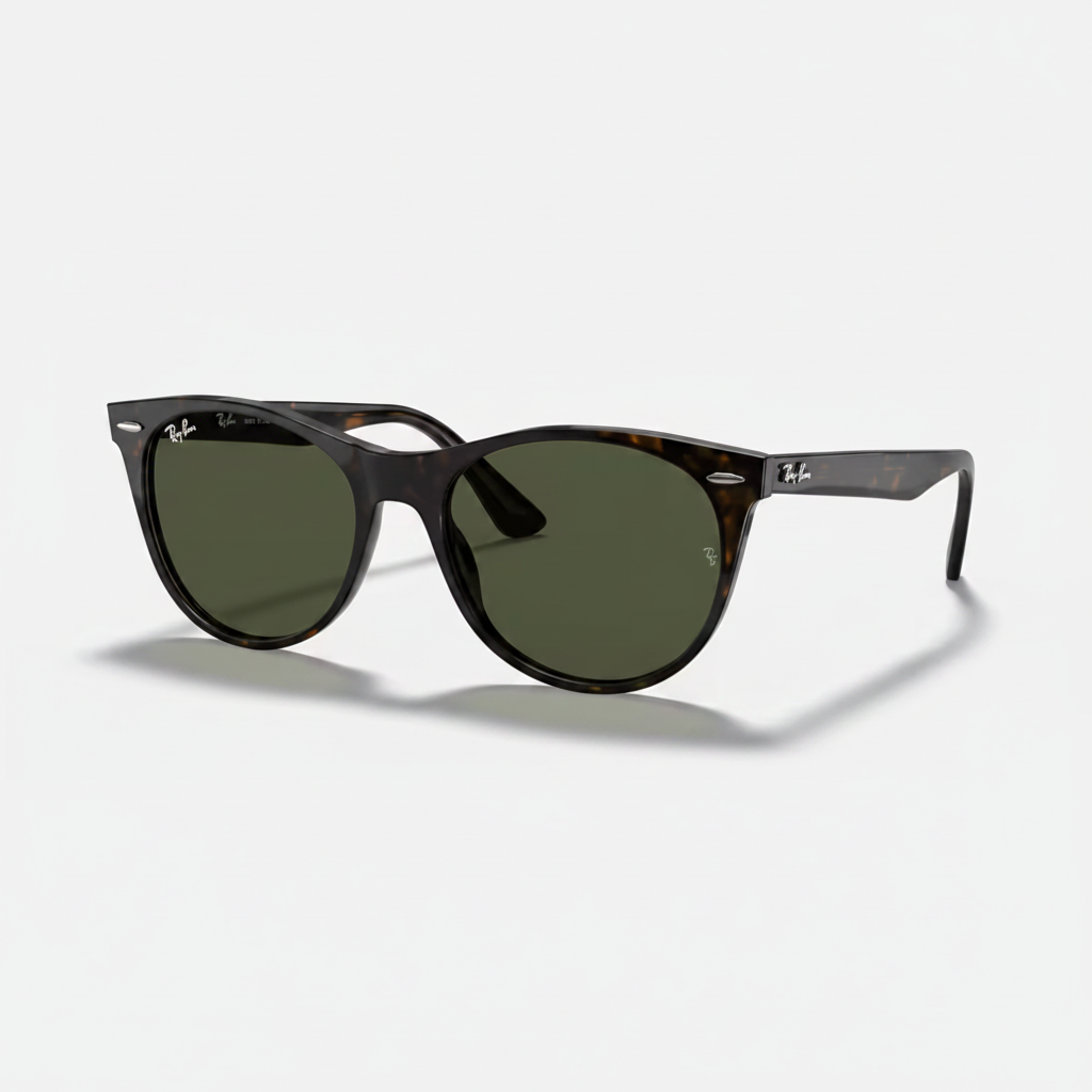 Ray-Ban Wayfarer sunglasses with dark brown tortoiseshell frames and olive green lenses, shown on a light gray background with a soft shadow.