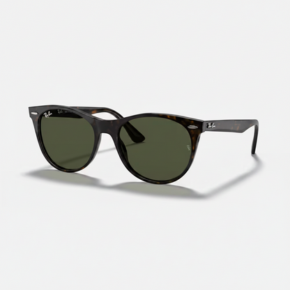 Ray-Ban Wayfarer sunglasses with dark brown tortoiseshell frames and olive green lenses, shown on a light gray background with a soft shadow.