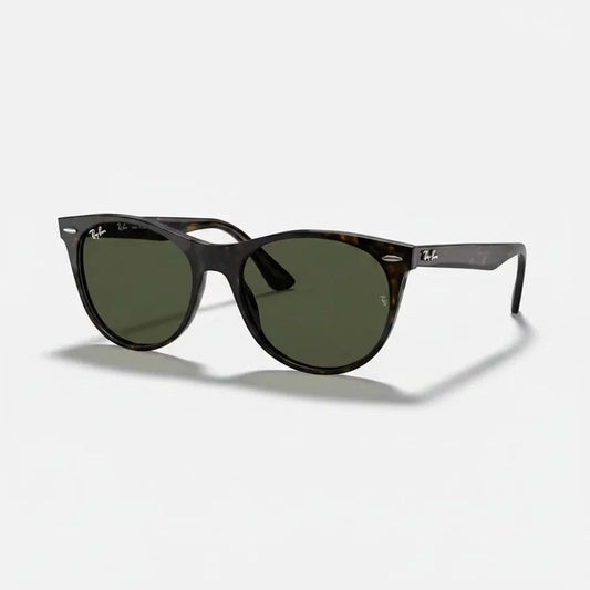 Ray-Ban Wayfarer sunglasses with dark brown tortoiseshell frames and olive green lenses, shown on a light gray background with a soft shadow.